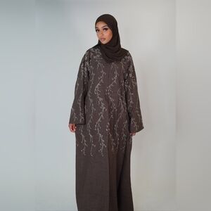 Chic Embroidered Brown Linen Open Abaya